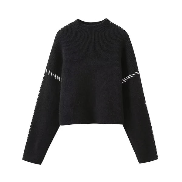 Black sweater with white striped sleeves on a white background