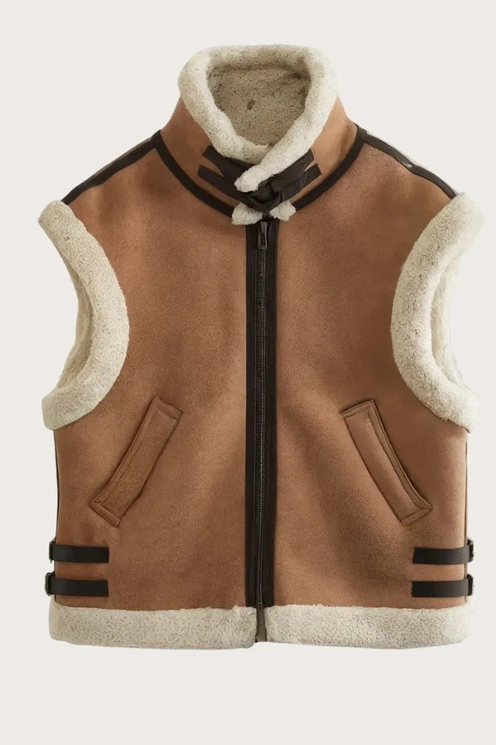 Brown vest with white lining on a light gray background