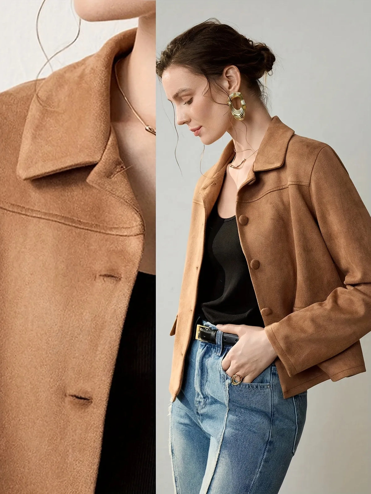 Woman wearing a cropped camel-brown suede jacket with button details, paired with a black ribbed tank top, blue jeans, and a black belt. She accessorises with large gold hoop earrings and a gold necklace, her hair styled in a loose bun.