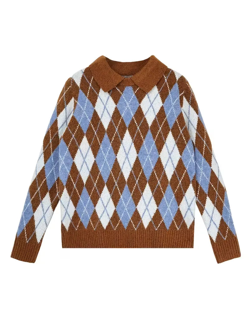 Brown, blue, and white argyle pattern sweater on a white background