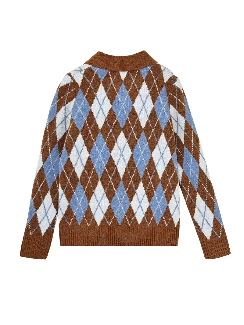 Argyle pattern sweater with brown, blue, and white colors on a white background