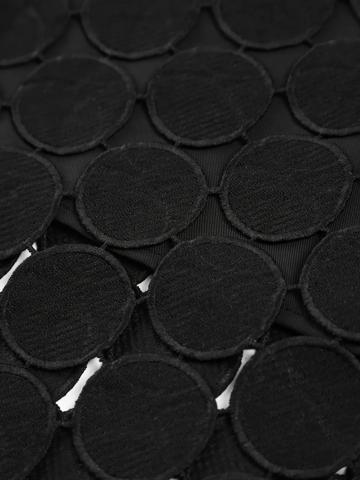Close-up of black circular fabric patches