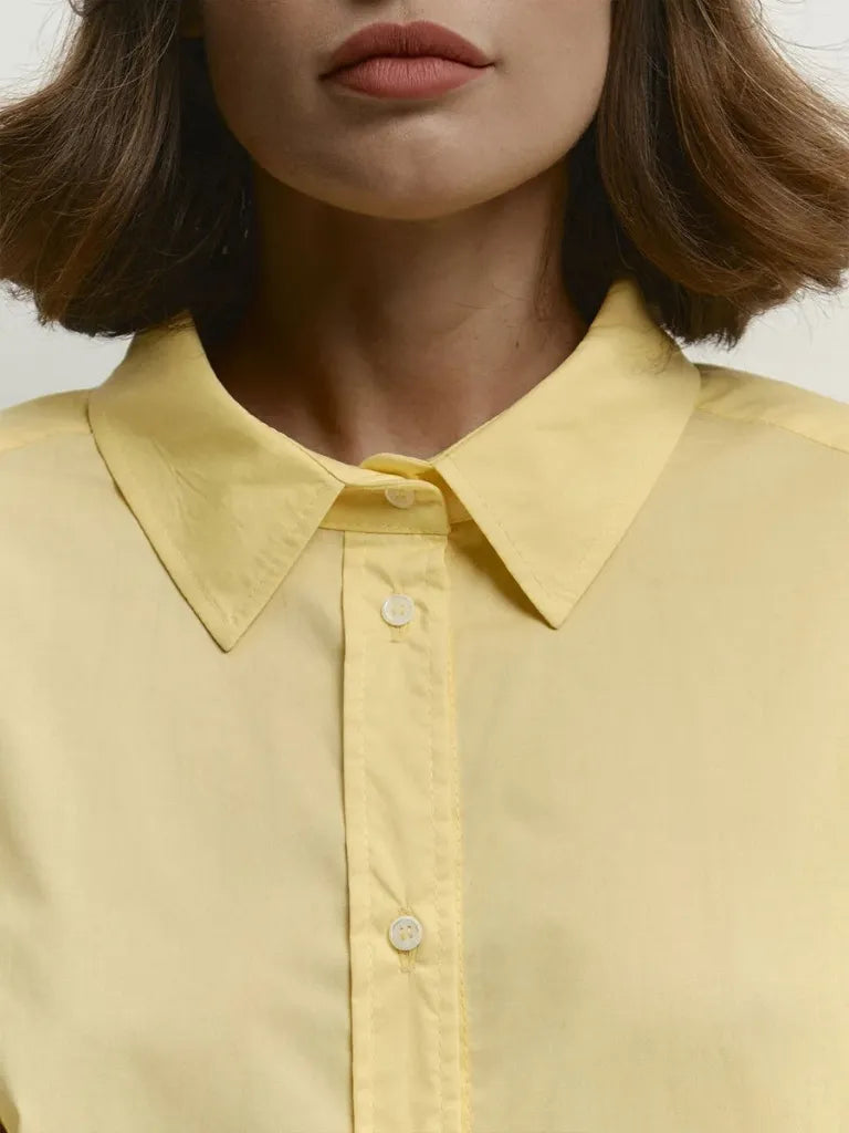 Close-up of a person wearing a light yellow shirt with a collar.