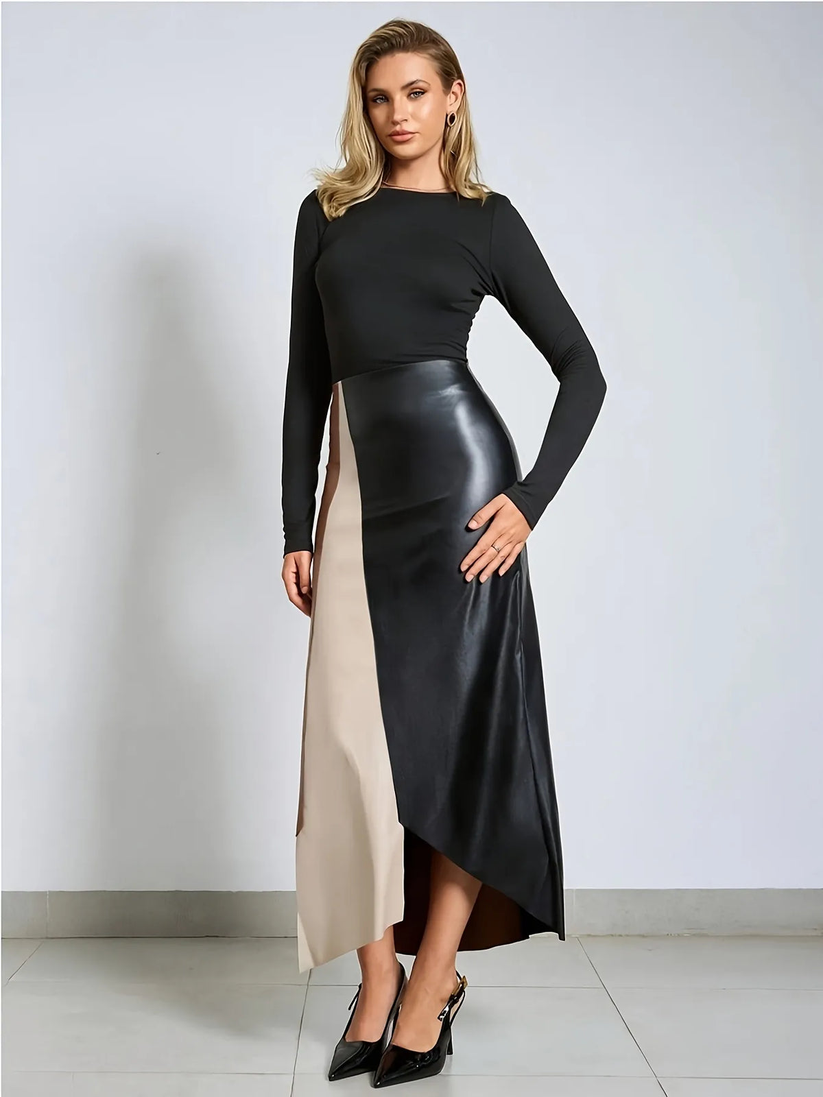 Colour-Block Faux Leather Midi Skirt