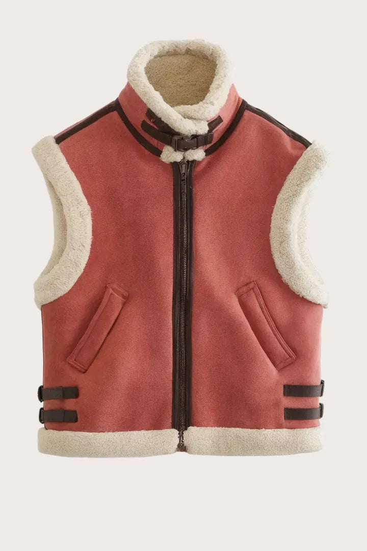 Red vest with white lining and black accents on a light gray background