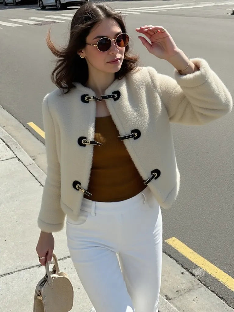 Woman in a white coat with black buttons, brown top, and white pants walking on a street.
