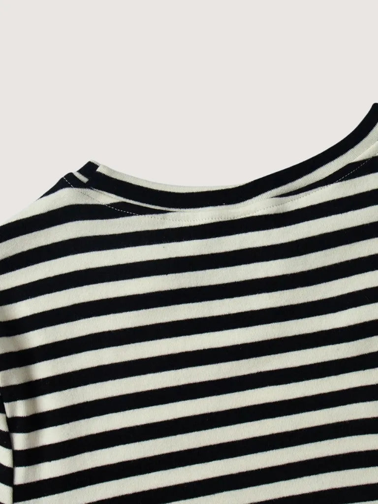 Close-up of a black and white striped shirt on a light gray background