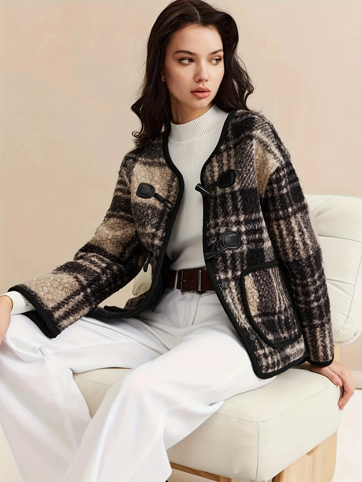 Woman wearing a plaid jacket with a plain background 3